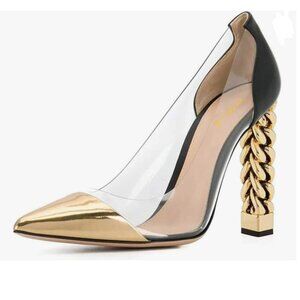 NWOT FSJ Gold Golden Block High Heel Clear Pump Pointed Toe Slip On Dress Shoes